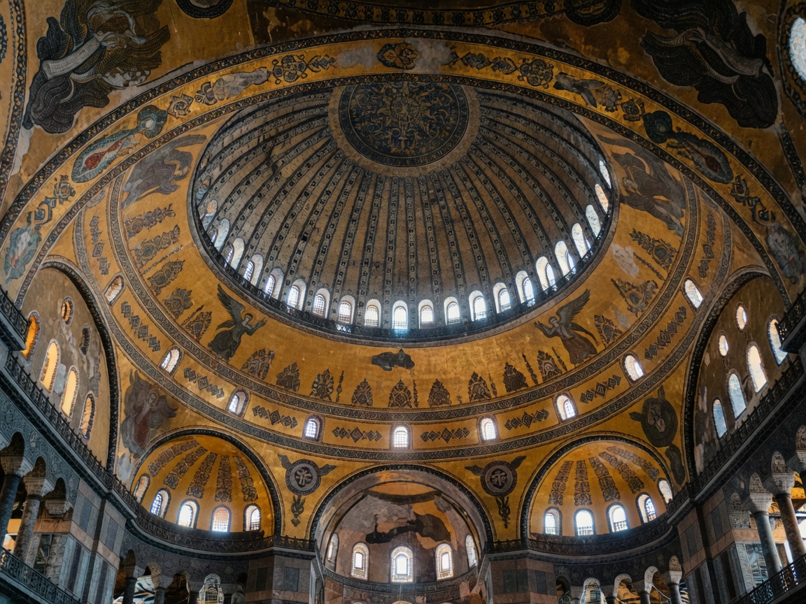 Interior pendentive mosaics and monumental dome of Hagia Sophia