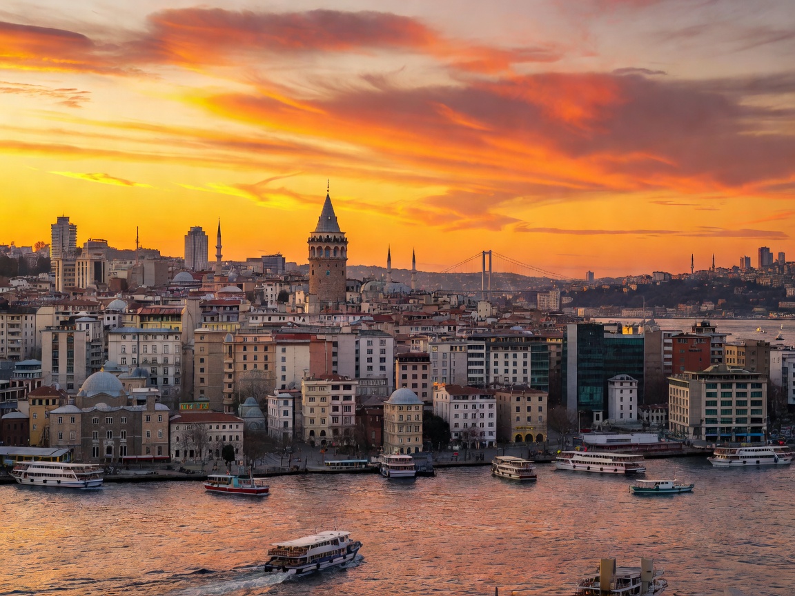 Sunset over Galata Tower and Golden Horn Istanbul Skyline