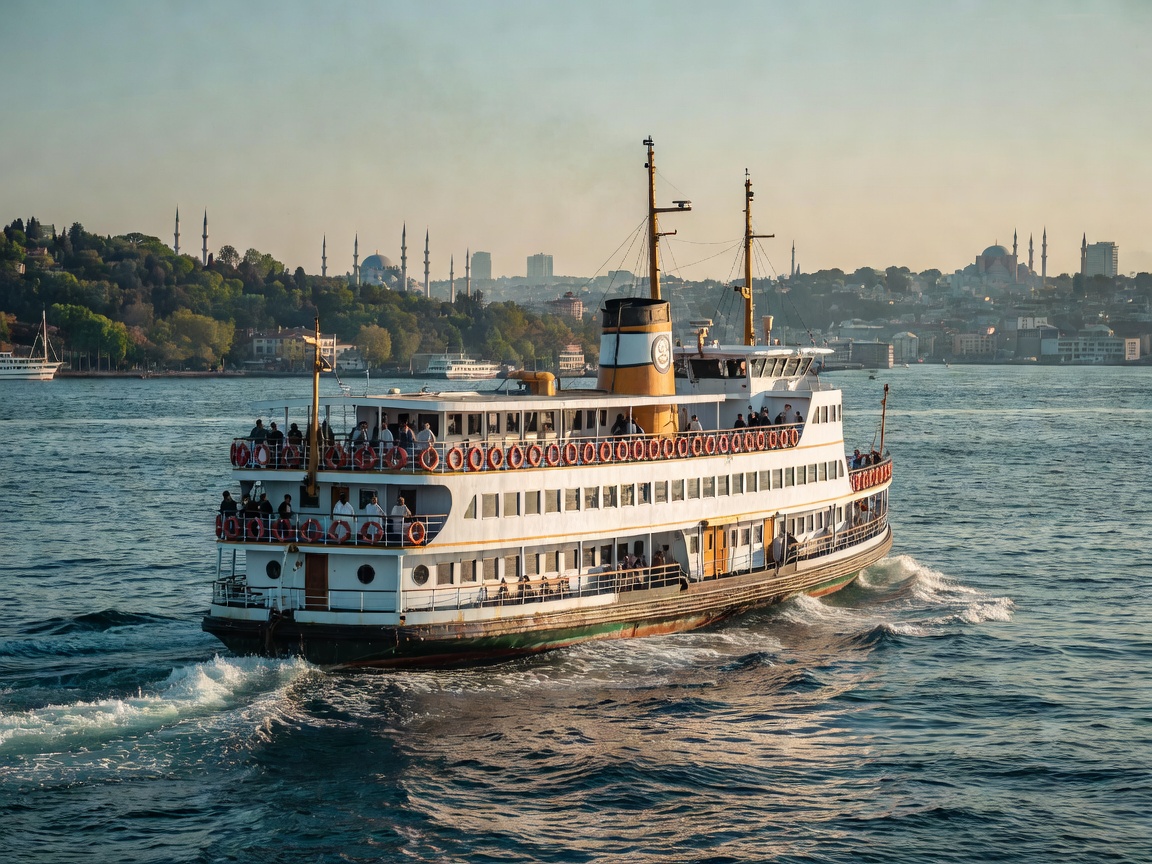 Traditional Istanbul Şehir Hatları Passenger Ferry on the Bosphorus Strait