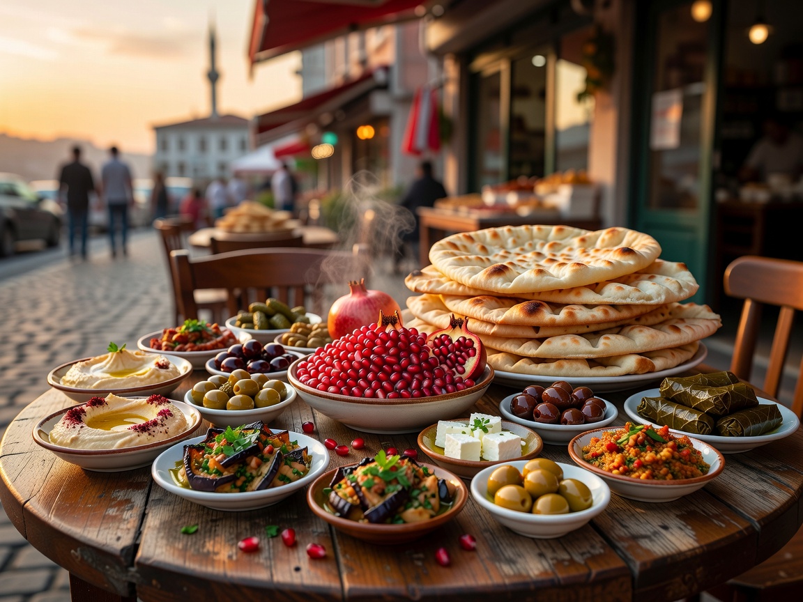 Turkish Mezze Spread with Pomegranate and Fresh Flatbread in Kadikoy